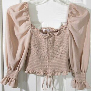 Pre-Owned Kiwi Beige Pink Boho Smocked Crop Top, Medium